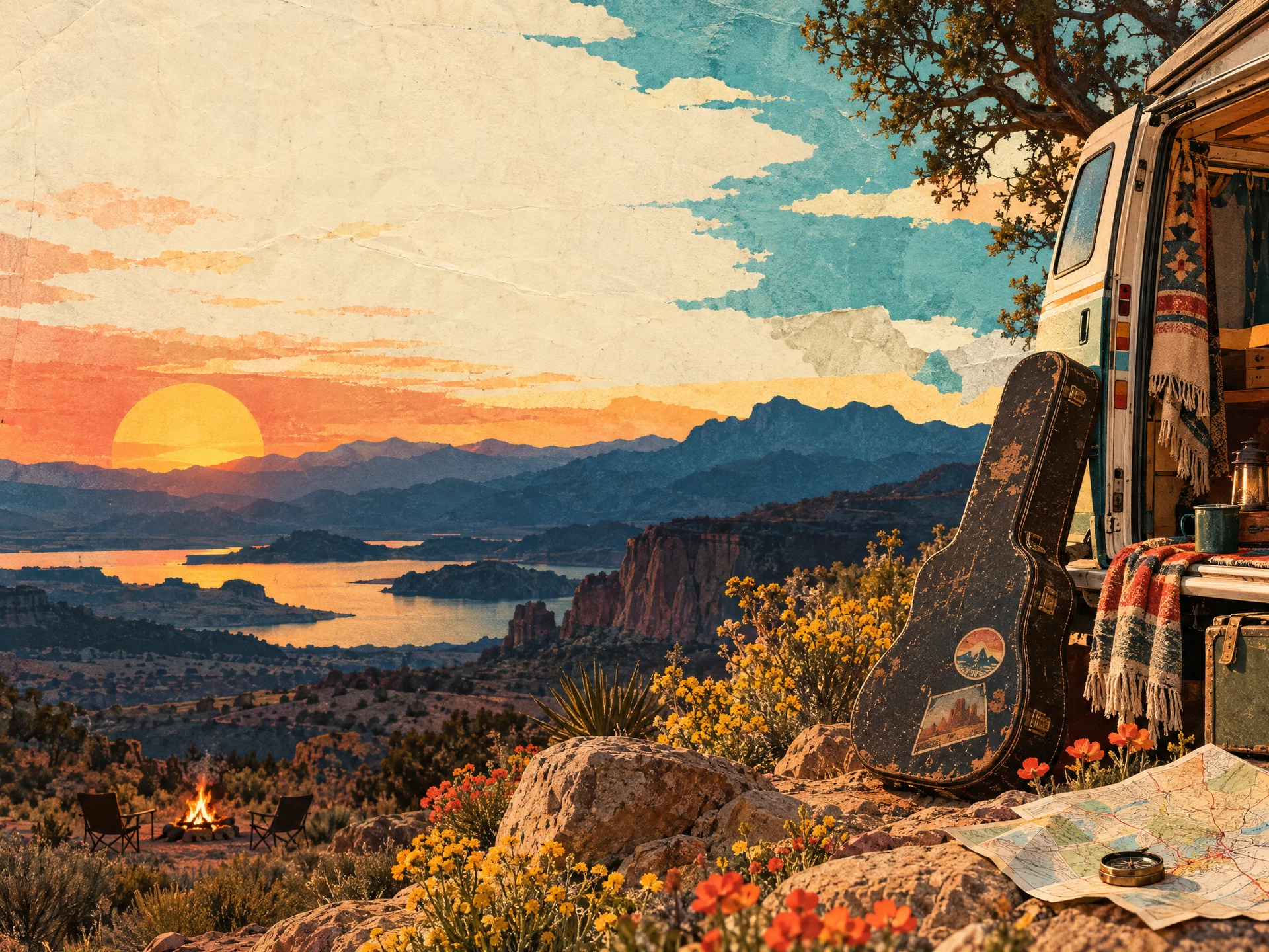 Colorful artwork with a guitar, camper and mountains