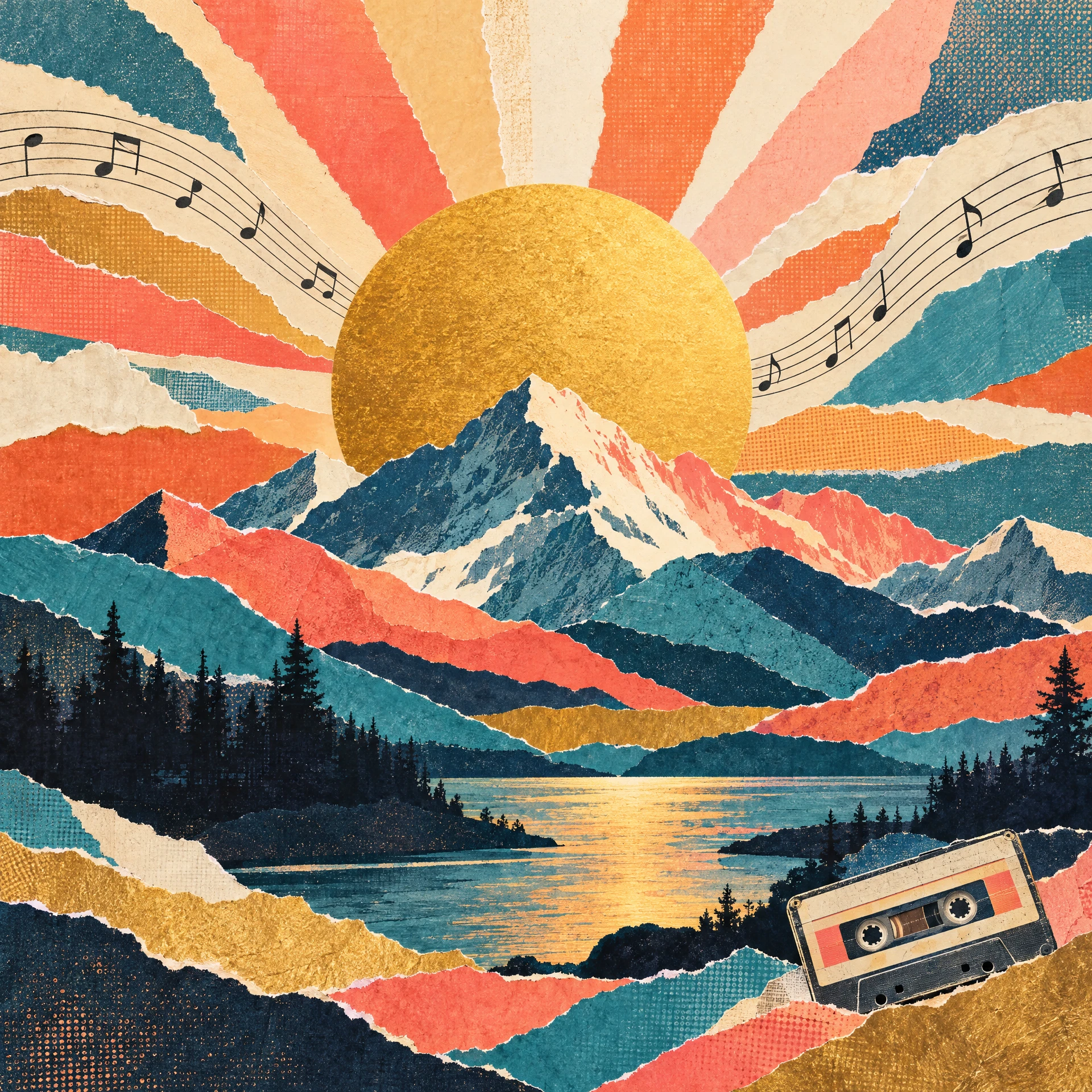 Colorful abstract album artwork with mountains and a golden sun
